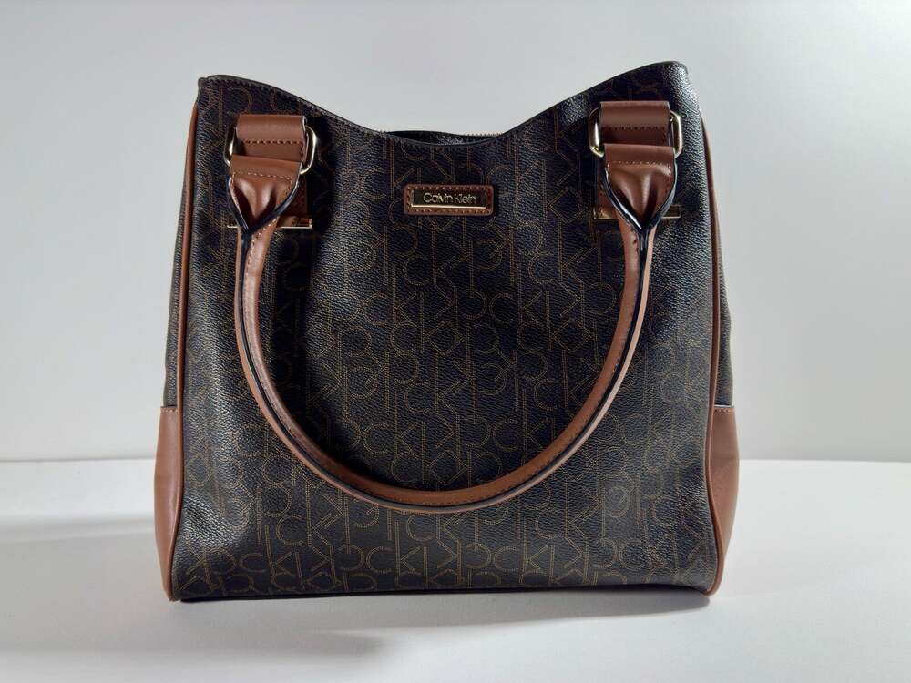 CALVIN KLEIN 2-Way Signature Dome Satchel Brown Designer Purse